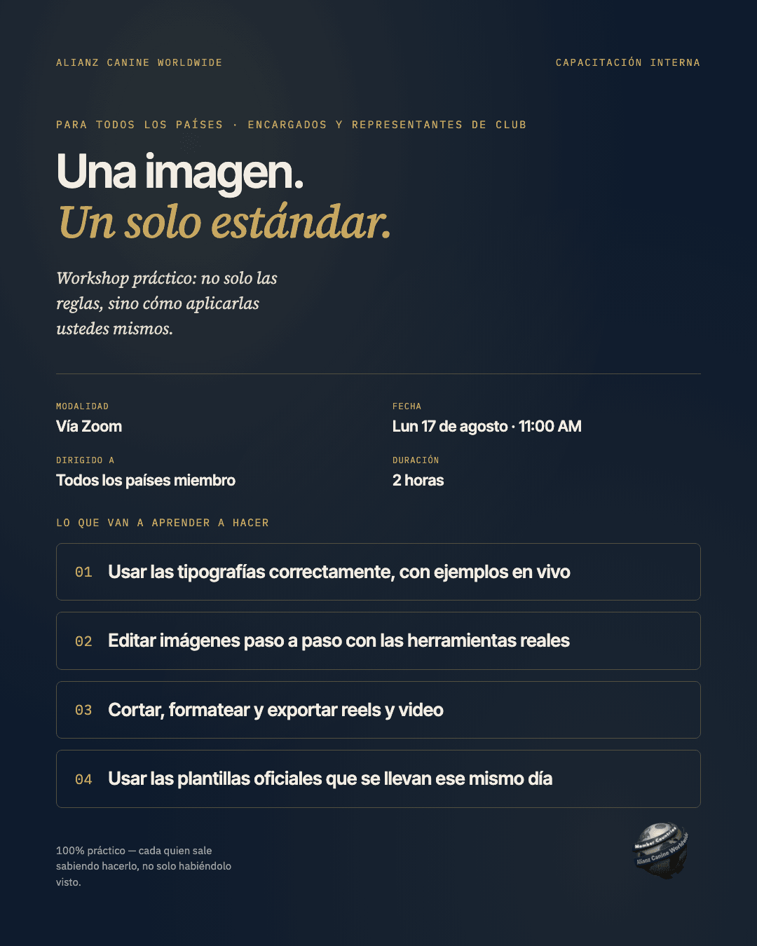 Flyer oficial del Workshop Internacional de Imagen e Identidad Institucional — Una imagen. Un solo estándar. Lunes 17 de agosto, 11:00 AM, vía Zoom